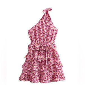 FLORAL PRINTED ONE SHOULDER LAYERED MINI DRESS